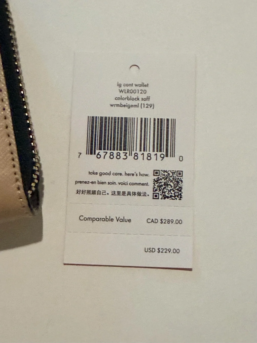 New Kate Spade tan and black zip-around continental wallet